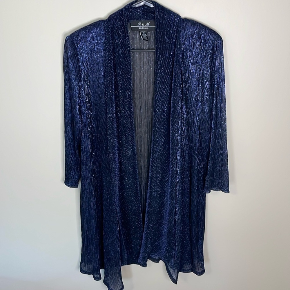 R & M Collection Blue Metallic Open Waterfall Cardigan 3/4 Sleeve Size‎ 12